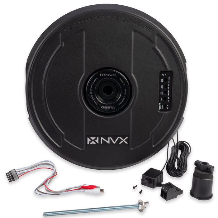 QBSTA 900W Peak (300W RMS) 11" Quick Bass Spare Tire Amplified Subwoofer System with Remote Bass Level Control