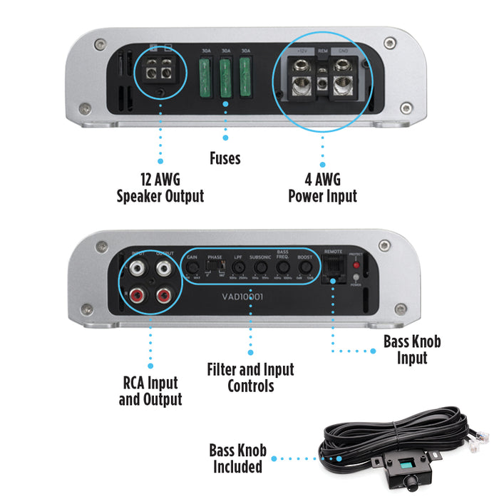 VAD10001 1000W RMS V-Series Class-D 1-Ohm Stable Monoblock Amplifier (Marine Certified)