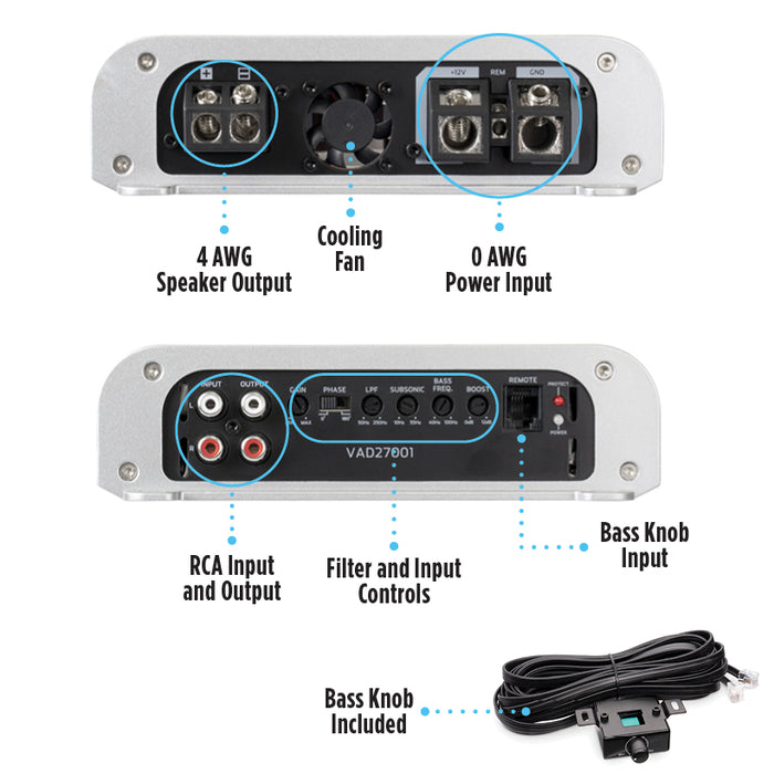 VAD27001 2700W RMS V-Series Class-D 1-Ohm Stable Monoblock Amplifier (Marine Certified)